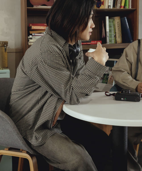 『ユニセックス』マイクロチェックレギュラーカラーロングスリーブシャツ