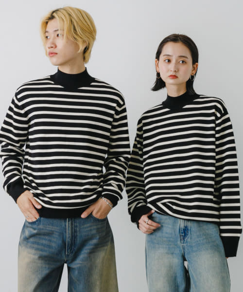 『ユニセックス』『洗濯可』ストレッチモックネックニット