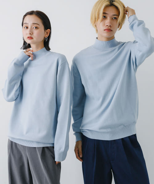 『ユニセックス』『洗濯可』ストレッチモックネックニット