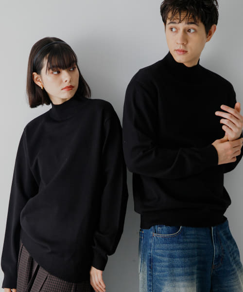 『ユニセックス』『洗濯可』ストレッチモックネックニット