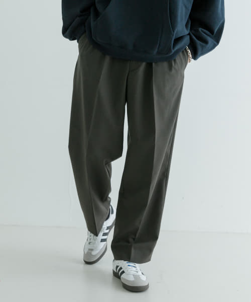 new basic ウールポリエステルストレッチストレートスラックス