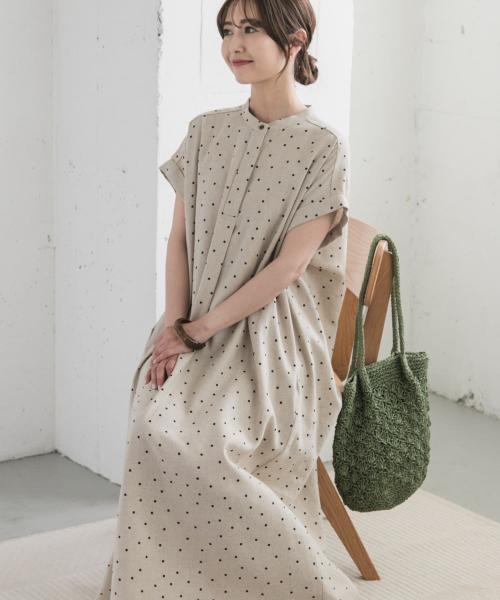 リネンレーヨンドットフレアワンピース