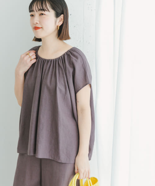 『セットアップ対応』『洗濯可』リネンレーヨンギャザーブラウス