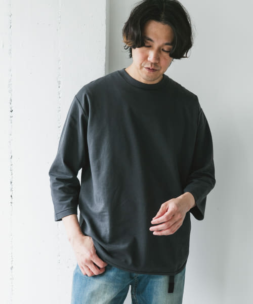 ポンチ8分袖ラウンドヘムTシャツ