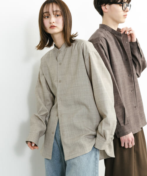 『ユニセックス』『接触冷感/吸水速乾/イージーケア』リネンライクバンドカラーロングスリーブシャツ