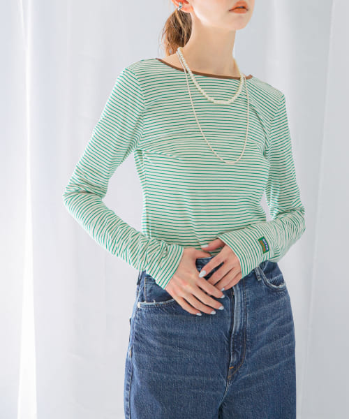 GREEN BUTTER　Two-way Stripe Patch T-shirts