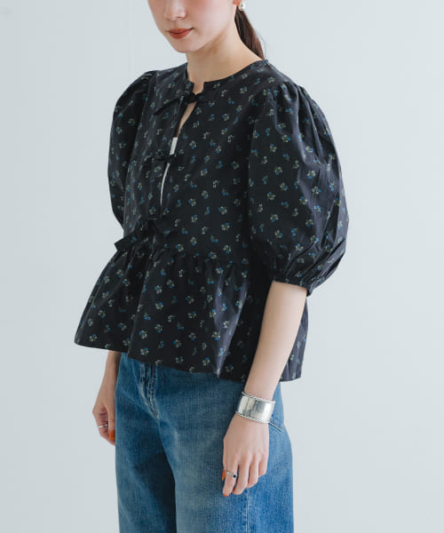 GANNI　Printed Cotton Peplum Blouse