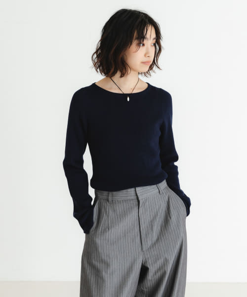シルクミックスオーバルネックリブニット