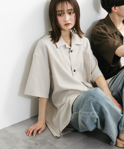 『ユニセックス』オープンカラールーズショートスリーブシャツ