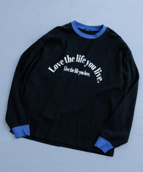 スラブ接結ロゴプリント リンガーロングTシャツ