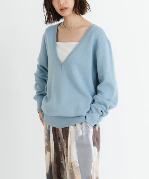 new basic　カシミヤコットンVネックチュニックニット