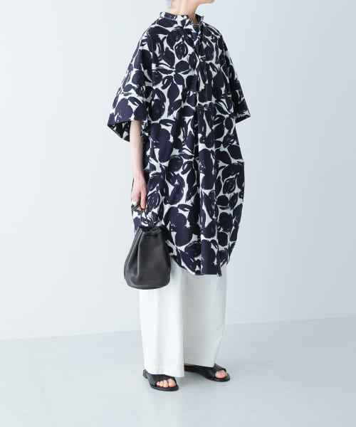HAVERSACK　フラワープリントバンドカラーロングシャツ