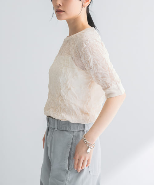 new basic　リネン混ワッシャーハーフスリーブニット