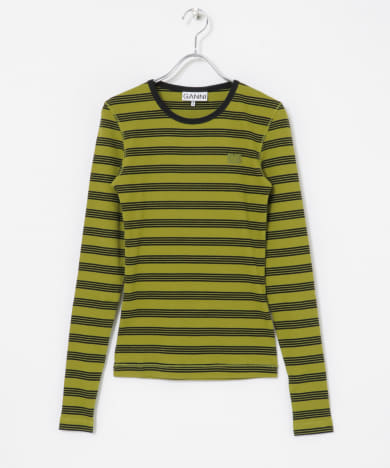 GANNI　Striped Cotton Rib Long-Sleeve T-shirts