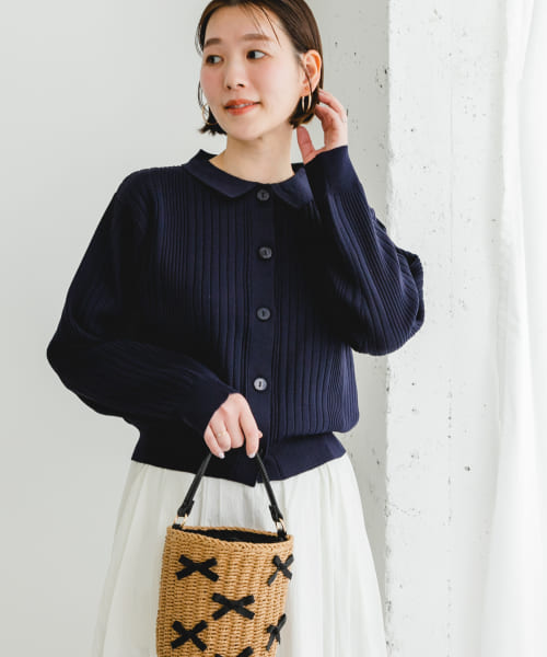 F by ROSSO　ウォッシャブル衿付きリブカーディガン