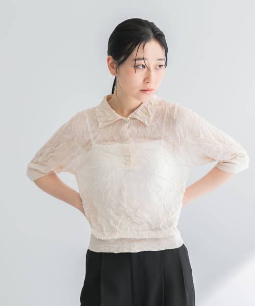 new basic　リネン混ワッシャーシャツカラーニット
