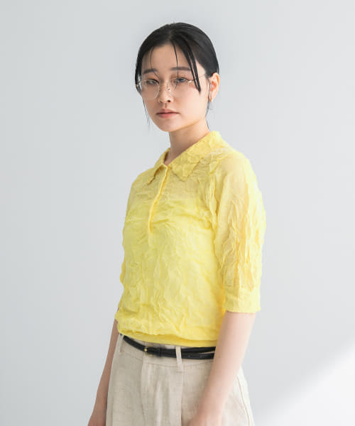 new basic　リネン混ワッシャーシャツカラーニット