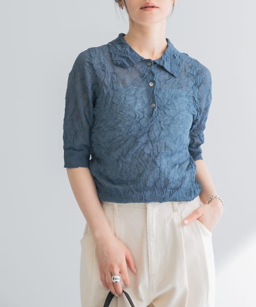 new basic　リネン混ワッシャーシャツカラーニット
