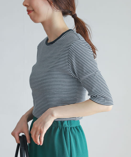 ミジンボーダーテレコ6分袖Tシャツ