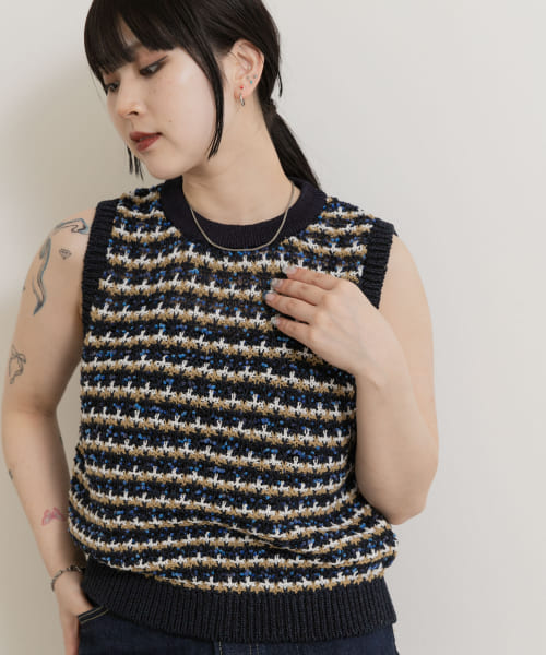 米富繊維　SUKASHI BORDER KNIT VEST