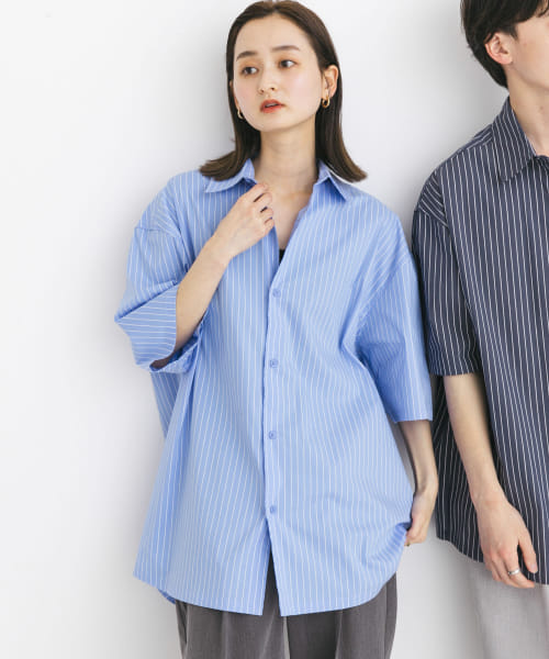 『ユニセックス』ストライプレギュラーカラールーズショートスリーブシャツ