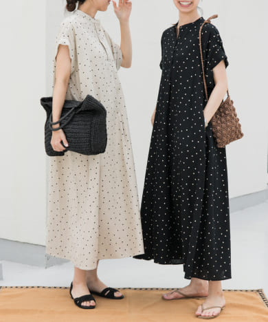 リネンレーヨンドットフレアワンピース