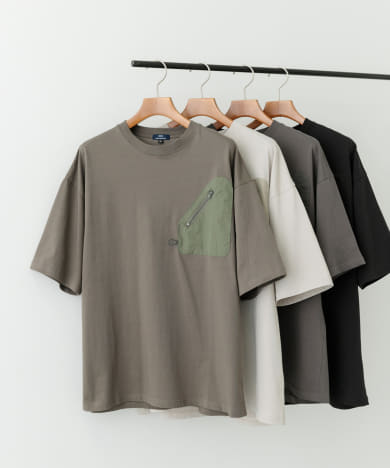 ジップポケットキリカエクルーネックTシャツ